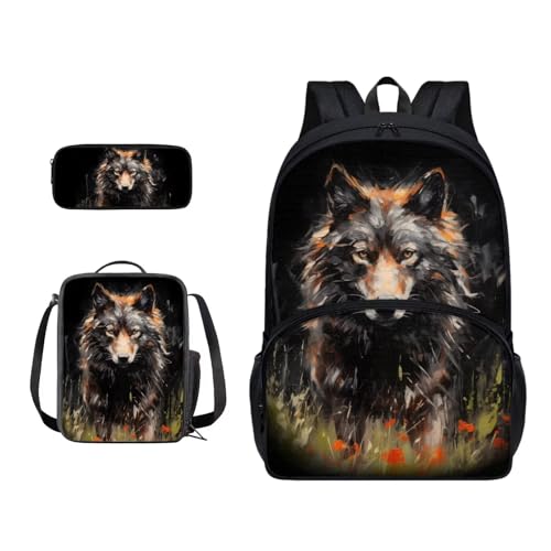 Xoenoiee Schulrucksack-Set für Jungen und Mädchen, mit Lunchtasche und Federmäppchen, große Schultasche für Teenager, Studenten, 3-teilig, Wild Wolf von Xoenoiee