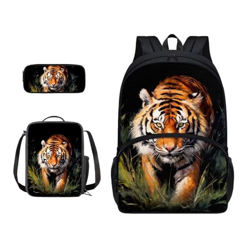 Xoenoiee Schulrucksack-Set für Jungen und Mädchen, mit Lunchtasche und Federmäppchen, große Schultasche für Teenager, Studenten, 3-teilig, Wilder Tiger von Xoenoiee