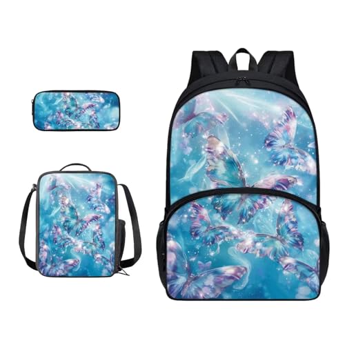 Xoenoiee Schulrucksack-Set für Jungen und Mädchen, mit Lunchtasche und Federmäppchen, große Schultasche für Teenager, Studenten, 3-teilig, blau mit schmetterlingen von Xoenoiee