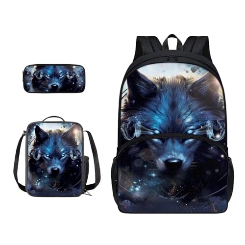 Xoenoiee Schulrucksack-Set für Jungen und Mädchen, mit Lunchtasche und Federmäppchen, große Schultasche für Teenager, Studenten, 3-teilig, coole Wolf von Xoenoiee