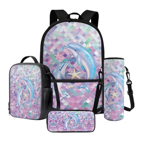 Xoenoiee Schulrucksack-Set für Kinder, Büchertasche mit isolierter Lunchbox, Federmäppchen, Wasserflaschenhalter für Jungen und Mädchen, 4-teilig, Delphin Seestern Meerjungfrau Waage, Einheitsgröße von Xoenoiee