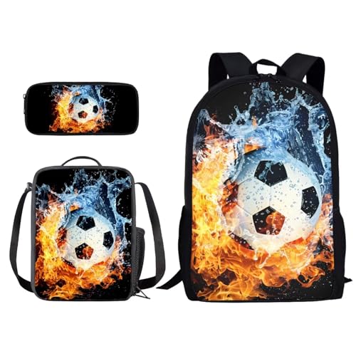 Xoenoiee Schulrucksack-Set für Studenten, Jungen, Mädchen, Schultasche mit Lunchtasche und Federmäppchen, Geschenk zum Schulanfang, 3-teiliges Set, Feuerwasser und Fußball, Einheitsgröße von Xoenoiee