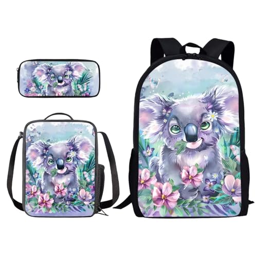 Xoenoiee Schulrucksack-Set für Studenten, Jungen, Mädchen, Schultasche mit Lunchtasche und Federmäppchen, Geschenk zum Schulanfang, 3-teiliges Set, Niedliches Koala-Blumenmuster, Einheitsgröße von Xoenoiee