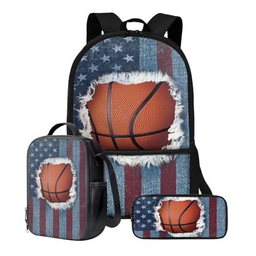 Xoenoiee Schulrucksack-Set für Teenager, Jungen, Mädchen, mit Lunchbox, Federmäppchen, 43,2 cm, Schultasche, Büchertasche für Studenten, 3 Stück, Basketball-Flagge, Denim von Xoenoiee