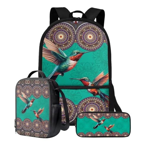 Xoenoiee Schulrucksack-Set für Teenager, Jungen, Mädchen, mit Lunchbox, Federmäppchen, 43,2 cm, Schultasche, Büchertasche für Studenten, 3 Stück, Boho-Mandala, Kolibri von Xoenoiee