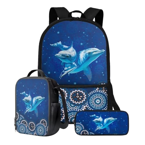 Xoenoiee Schulrucksack-Set für Teenager, Jungen, Mädchen, mit Lunchbox, Federmäppchen, 43,2 cm, Schultasche, Büchertasche für Studenten, 3 Stück, Boho Mandala Delfin von Xoenoiee