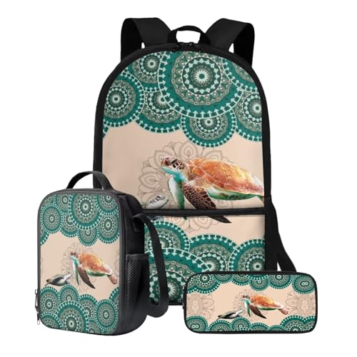 Xoenoiee Schulrucksack-Set für Teenager, Jungen, Mädchen, mit Lunchbox, Federmäppchen, 43,2 cm, Schultasche, Büchertasche für Studenten, 3 Stück, Boho-Mandala-Schildkröte von Xoenoiee