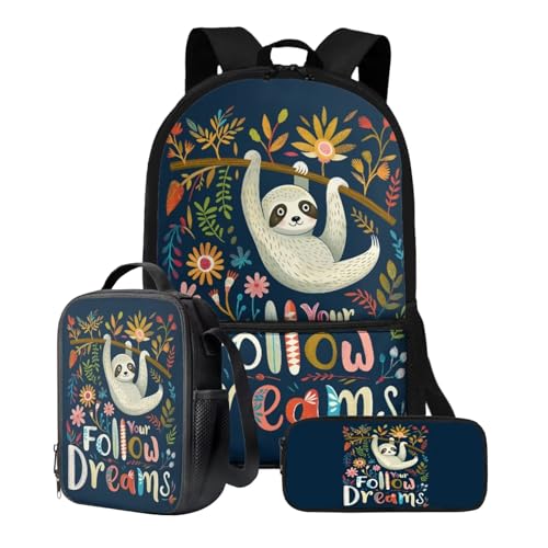 Xoenoiee Schulrucksack-Set für Teenager, Jungen, Mädchen, mit Lunchbox, Federmäppchen, 43,2 cm, Schultasche, Büchertasche für Studenten, 3 Stück, Faultier Floral Follow Your Dreams von Xoenoiee