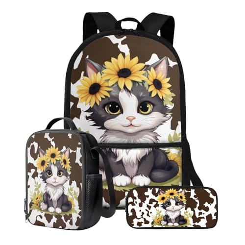 Xoenoiee Schulrucksack-Set für Teenager, Jungen, Mädchen, mit Lunchbox, Federmäppchen, 43,2 cm, Schultasche, Büchertasche für Studenten, 3 Stück, Katze, Sonnenblume, Kuhhaut von Xoenoiee