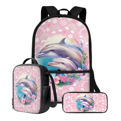 Xoenoiee Schulrucksack-Set für Teenager, Jungen, Mädchen, mit Lunchbox, Federmäppchen, 43,2 cm, Schultasche, Büchertasche für Studenten, 3 Stück, Niedlicher Delfin, Blumenmuster, Rosa von Xoenoiee