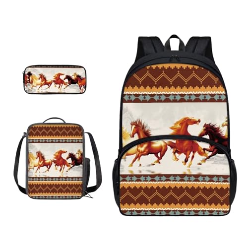 Xoenoiee Schulrucksack-Set für Teenager, Jungen, Mädchen, mit Lunchbox, Federmäppchen, Schultasche für Schüler, 3 Stück, Aztekenstamm und Pferd von Xoenoiee