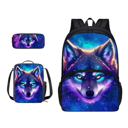 Xoenoiee Schulrucksack-Set für Teenager, Jungen, Mädchen, mit Lunchbox, Federmäppchen, Schultasche für Schüler, 3 Stück, Coole Wolfsgalaxie von Xoenoiee