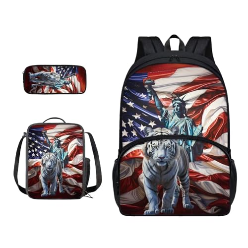 Xoenoiee Schulrucksack-Set für Teenager, Jungen, Mädchen, mit Lunchbox, Federmäppchen, Schultasche für Schüler, 3 Stück, Die Freiheitsstatue Tigerflagge von Xoenoiee