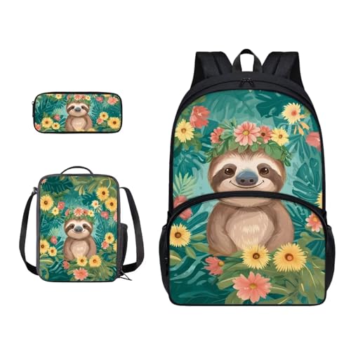 Xoenoiee Schulrucksack-Set für Teenager, Jungen, Mädchen, mit Lunchbox, Federmäppchen, Schultasche für Schüler, 3 Stück, Faultier und Blume von Xoenoiee