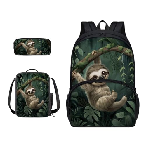 Xoenoiee Schulrucksack-Set für Teenager, Jungen, Mädchen, mit Lunchbox, Federmäppchen, Schultasche für Schüler, 3 Stück, Faultiergrüner Baum von Xoenoiee