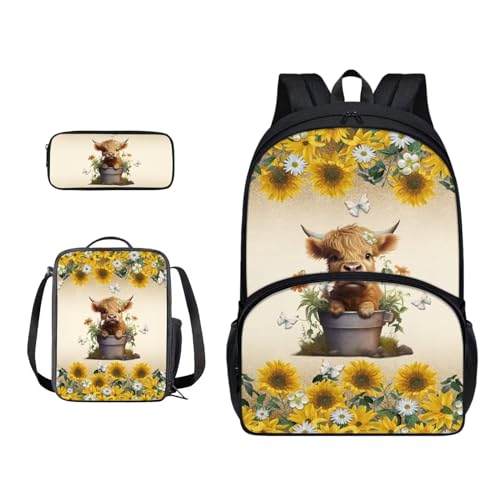 Xoenoiee Schulrucksack-Set für Teenager, Jungen, Mädchen, mit Lunchbox, Federmäppchen, Schultasche für Schüler, 3 Stück, Highland Cattle Butterfly Sunflower von Xoenoiee