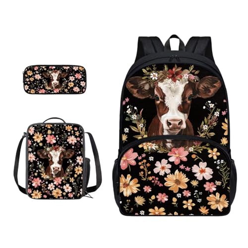 Xoenoiee Schulrucksack-Set für Teenager, Jungen, Mädchen, mit Lunchbox, Federmäppchen, Schultasche für Schüler, 3 Stück, Kuh und Blumen von Xoenoiee