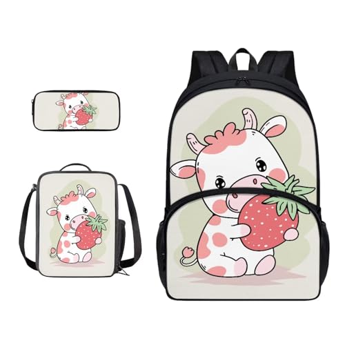 Xoenoiee Schulrucksack-Set für Teenager, Jungen, Mädchen, mit Lunchbox, Federmäppchen, Schultasche für Schüler, 3 Stück, Niedliche Kuh und Erdbeere von Xoenoiee