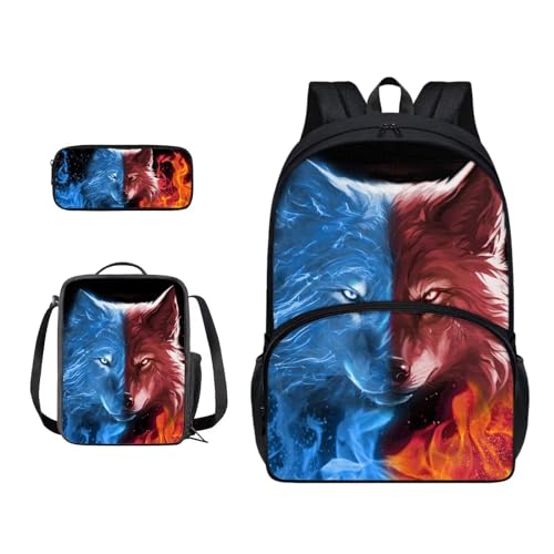 Xoenoiee Schulrucksack-Set für Teenager, Jungen, Mädchen, mit Lunchbox, Federmäppchen, Schultasche für Schüler, 3 Stück, Rot-blauer Feuerwolf von Xoenoiee