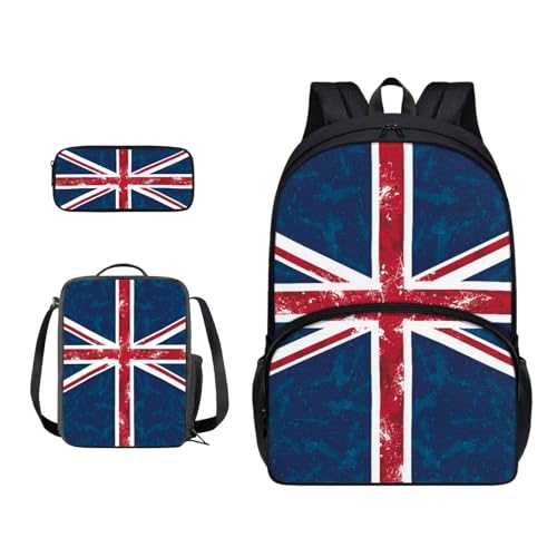 Xoenoiee Schulrucksack-Set für Teenager, Jungen, Mädchen, mit Lunchbox, Federmäppchen, Schultasche für Schüler, 3 Stück, Union Jack Design von Xoenoiee