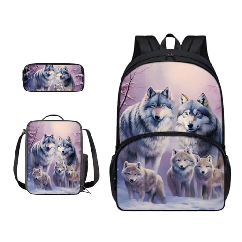 Xoenoiee Schulrucksack-Set für Teenager, Jungen, Mädchen, mit Lunchbox, Federmäppchen, Schultasche für Schüler, 3 Stück, Wölfe Schneewald Design von Xoenoiee