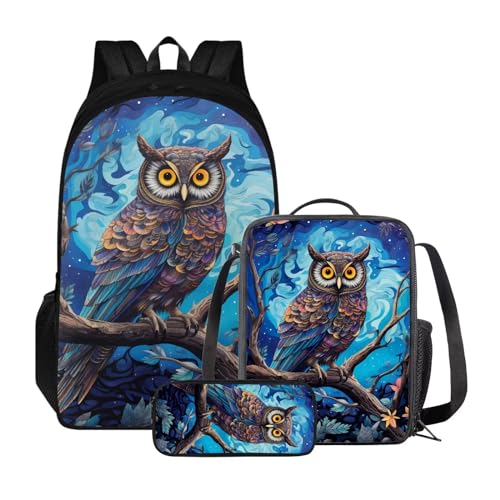 Xoenoiee Schulrucksack-Set für Teenager, Jungen, Mädchen, mit Lunchbox, Federmäppchen, große Schultasche für Schüler, 3 Stück, Blauer Eulenbaum von Xoenoiee