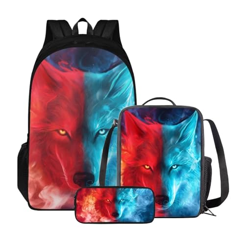 Xoenoiee Schulrucksack-Set für Teenager, Jungen, Mädchen, mit Lunchbox, Federmäppchen, große Schultasche für Schüler, 3 Stück, Blauer roter Wolf von Xoenoiee