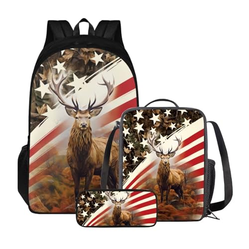 Xoenoiee Schulrucksack-Set für Teenager, Jungen, Mädchen, mit Lunchbox, Federmäppchen, große Schultasche für Schüler, 3 Stück, Flaggenbaum, Camouflage-Flagge von Xoenoiee