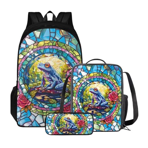 Xoenoiee Schulrucksack-Set für Teenager, Jungen, Mädchen, mit Lunchbox, Federmäppchen, große Schultasche für Schüler, 3 Stück, Frosch Floral Ethnic Tribal von Xoenoiee