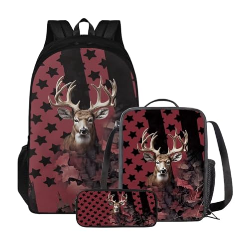 Xoenoiee Schulrucksack-Set für Teenager, Jungen, Mädchen, mit Lunchbox, Federmäppchen, große Schultasche für Schüler, 3 Stück, Hirschflaggenblatt von Xoenoiee