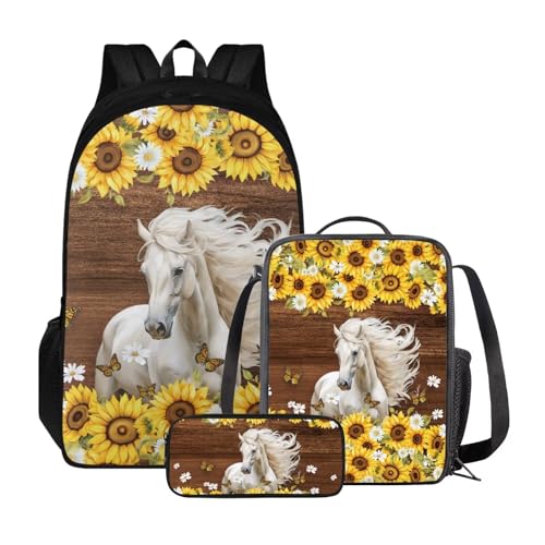 Xoenoiee Schulrucksack-Set für Teenager, Jungen, Mädchen, mit Lunchbox, Federmäppchen, große Schultasche für Schüler, 3 Stück, Weiße Pferde-Sonnenblume von Xoenoiee