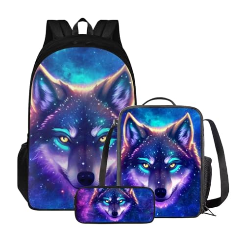 Xoenoiee Schulrucksack-Set für Teenager, Jungen, Mädchen, mit Lunchbox, Federmäppchen, große Schultasche für Schüler, 3 Stück, Wolf Blue Galaxy von Xoenoiee