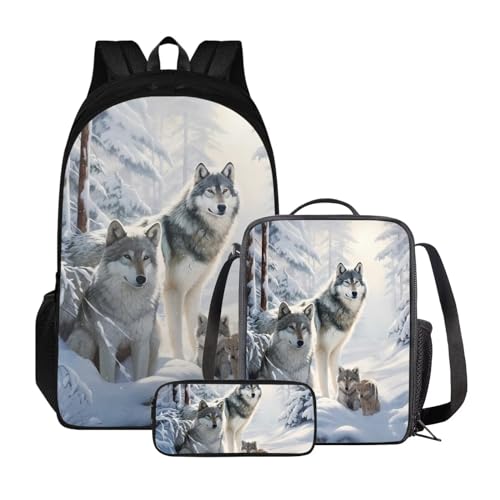 Xoenoiee Schulrucksack-Set für Teenager, Jungen, Mädchen, mit Lunchbox, Federmäppchen, große Schultasche für Schüler, 3 Stück, Wolf und Schneebaum von Xoenoiee