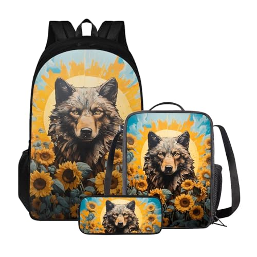 Xoenoiee Schulrucksack-Set für Teenager, Jungen, Mädchen, mit Lunchbox, Federmäppchen, große Schultasche für Schüler, 3 Stück, Wolf und Sonnenblume von Xoenoiee