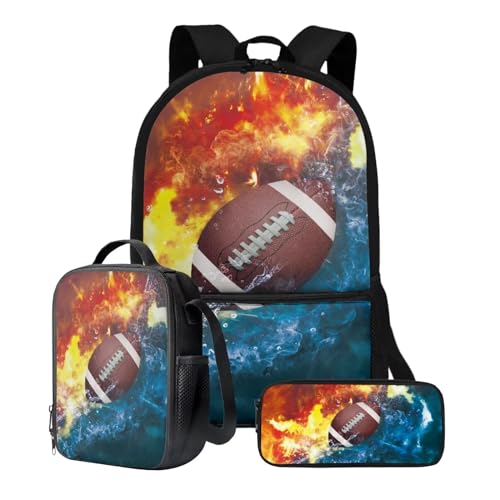 Xoenoiee Schulrucksack-Set mit 3 Stück, Teenager, Studenten, 43,2 cm, große Schultasche, Thermo-Lunchbox, Federmäppchen für Jungen und Mädchen, American Football Fire Water von Xoenoiee