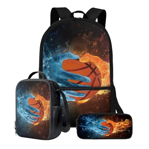 Xoenoiee Schulrucksack-Set mit 3 Stück, Teenager, Studenten, 43,2 cm, große Schultasche, Thermo-Lunchbox, Federmäppchen für Jungen und Mädchen, Bakstball Fire Hands von Xoenoiee