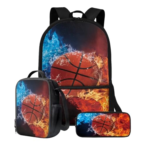 Xoenoiee Schulrucksack-Set mit 3 Stück, Teenager, Studenten, 43,2 cm, große Schultasche, Thermo-Lunchbox, Federmäppchen für Jungen und Mädchen, Basketball, Feuerwasser von Xoenoiee