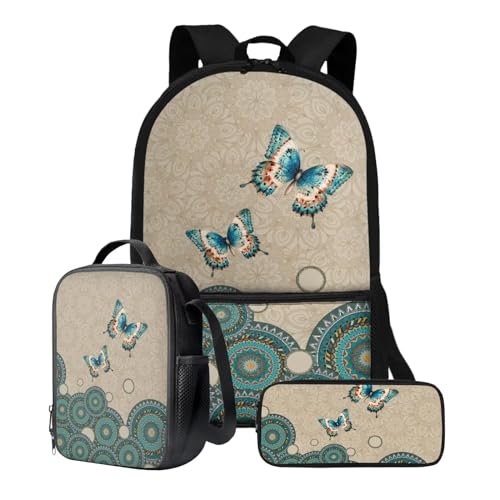 Xoenoiee Schulrucksack-Set mit 3 Stück, Teenager, Studenten, 43,2 cm, große Schultasche, Thermo-Lunchbox, Federmäppchen für Jungen und Mädchen, Boho-Mandala, Blume, Schmetterling von Xoenoiee