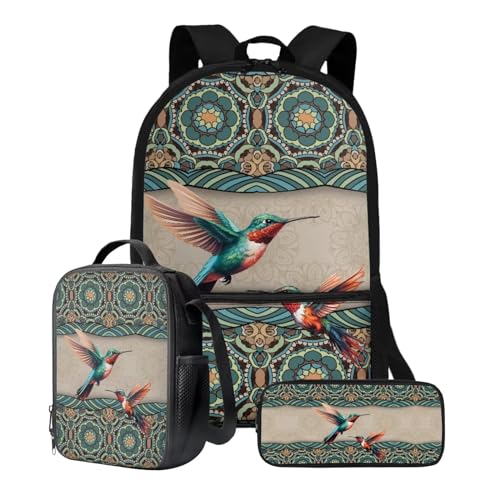 Xoenoiee Schulrucksack-Set mit 3 Stück, Teenager, Studenten, 43,2 cm, große Schultasche, Thermo-Lunchbox, Federmäppchen für Jungen und Mädchen, Boho-Mandala-Blumenkolibri von Xoenoiee