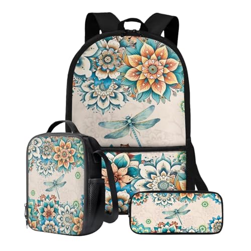 Xoenoiee Schulrucksack-Set mit 3 Stück, Teenager, Studenten, 43,2 cm, große Schultasche, Thermo-Lunchbox, Federmäppchen für Jungen und Mädchen, Boho Mandala und Libelle von Xoenoiee