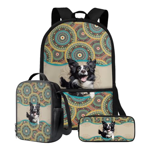 Xoenoiee Schulrucksack-Set mit 3 Stück, Teenager, Studenten, 43,2 cm, große Schultasche, Thermo-Lunchbox, Federmäppchen für Jungen und Mädchen, Border Collie Boho Mandala von Xoenoiee