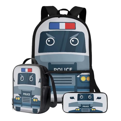 Xoenoiee Schulrucksack-Set mit 3 Stück, Teenager, Studenten, 43,2 cm, große Schultasche, Thermo-Lunchbox, Federmäppchen für Jungen und Mädchen, Cartoon-Polizeiauto von Xoenoiee