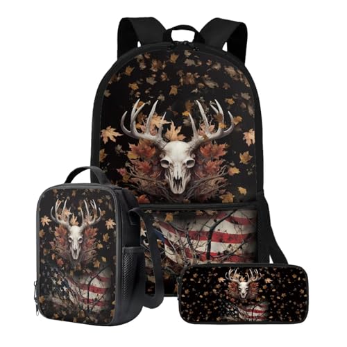 Xoenoiee Schulrucksack-Set mit 3 Stück, Teenager, Studenten, 43,2 cm, große Schultasche, Thermo-Lunchbox, Federmäppchen für Jungen und Mädchen, Elch Skull Flagge Blatt von Xoenoiee