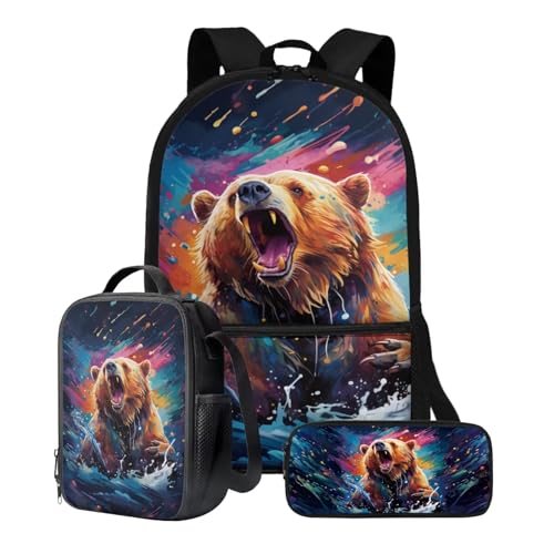 Xoenoiee Schulrucksack-Set mit 3 Stück, Teenager, Studenten, 43,2 cm, große Schultasche, Thermo-Lunchbox, Federmäppchen für Jungen und Mädchen, Farbenfroher Farbbär von Xoenoiee