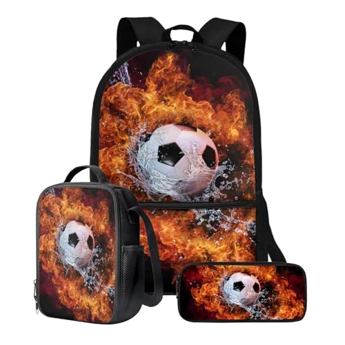 Xoenoiee Schulrucksack-Set mit 3 Stück, Teenager, Studenten, 43,2 cm, große Schultasche, Thermo-Lunchbox, Federmäppchen für Jungen und Mädchen, Feuer- und Wasserfußball von Xoenoiee