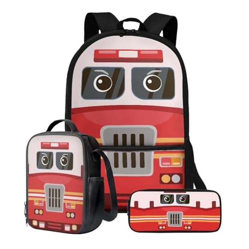 Xoenoiee Schulrucksack-Set mit 3 Stück, Teenager, Studenten, 43,2 cm, große Schultasche, Thermo-Lunchbox, Federmäppchen für Jungen und Mädchen, Feuerwehrwagen von Xoenoiee