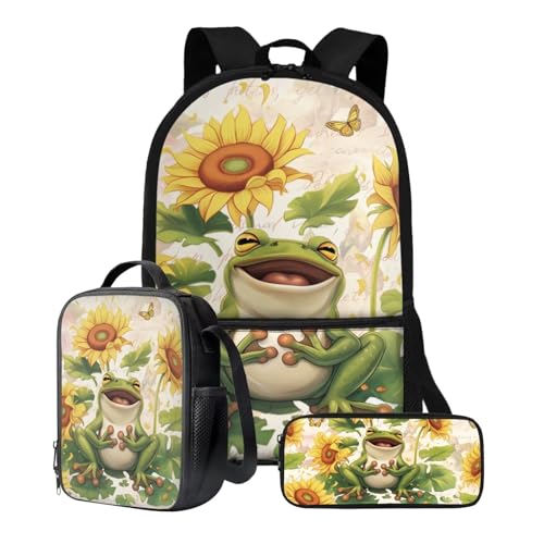 Xoenoiee Schulrucksack-Set mit 3 Stück, Teenager, Studenten, 43,2 cm, große Schultasche, Thermo-Lunchbox, Federmäppchen für Jungen und Mädchen, Frosch, Sonnenblume, Schmetterling von Xoenoiee