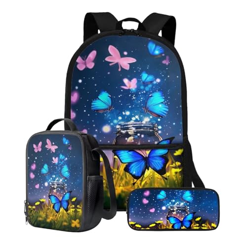 Xoenoiee Schulrucksack-Set mit 3 Stück, Teenager, Studenten, 43,2 cm, große Schultasche, Thermo-Lunchbox, Federmäppchen für Jungen und Mädchen, Funkelnde Schmetterlingsflasche von Xoenoiee