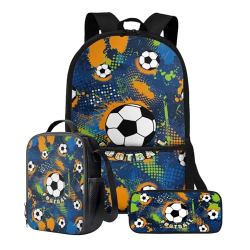 Xoenoiee Schulrucksack-Set mit 3 Stück, Teenager, Studenten, 43,2 cm, große Schultasche, Thermo-Lunchbox, Federmäppchen für Jungen und Mädchen, Fußball von Xoenoiee