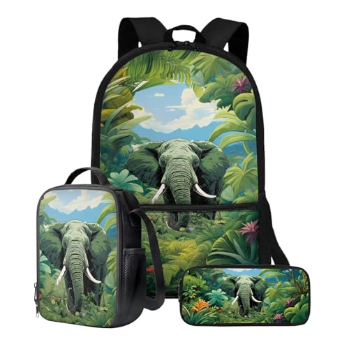 Xoenoiee Schulrucksack-Set mit 3 Stück, Teenager, Studenten, 43,2 cm, große Schultasche, Thermo-Lunchbox, Federmäppchen für Jungen und Mädchen, Grüner Elefantenwald von Xoenoiee